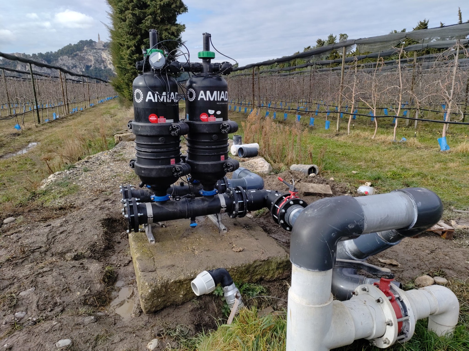 Station de filtration installée en bordure de verger sous filets — 2A AUTOMATISMES