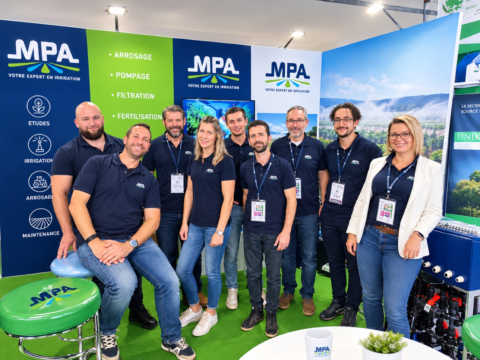 Une partie de l'équipe MPA sur le stand de l'entreprise lors d'un salon — M.P.A MATERIELS POMPAGE ARROSAGE